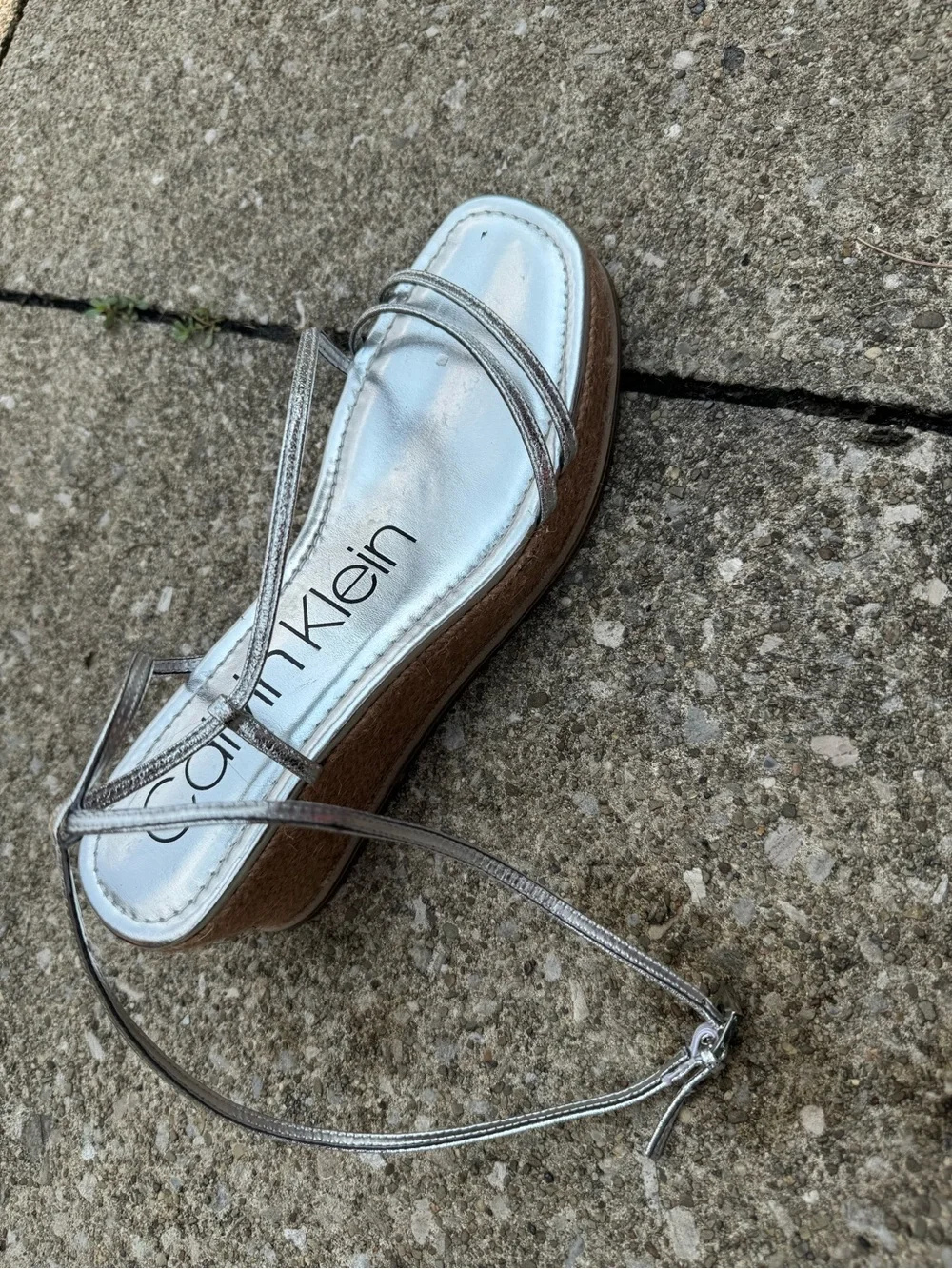 Calvin Klein Neve Metallic Silver Strappy Platform Wedge Espadrille Sandals 9.5M